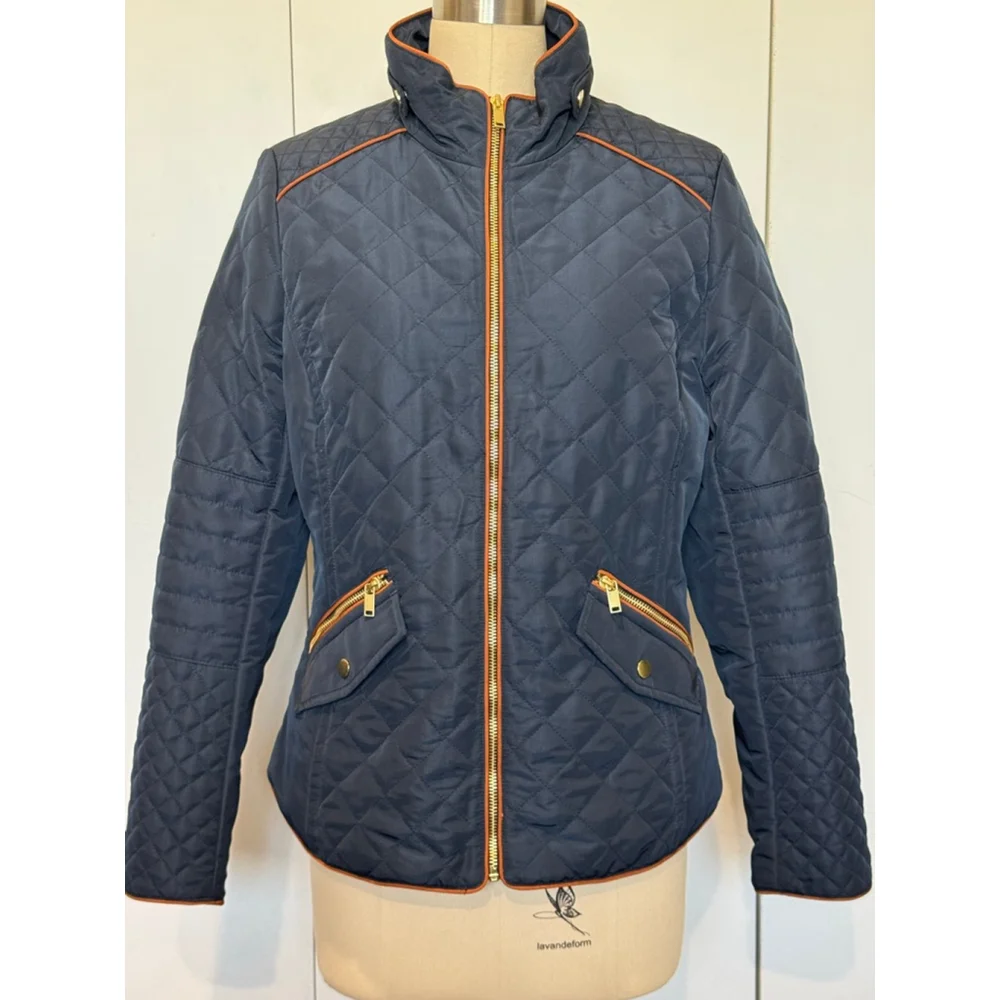 Women's H&M Navy Blue Quilted Puffer Jacket with brown Trim Size M gold zippers